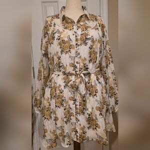 Cato Cream and Gold Floral Long Sleeve Shirt Dress